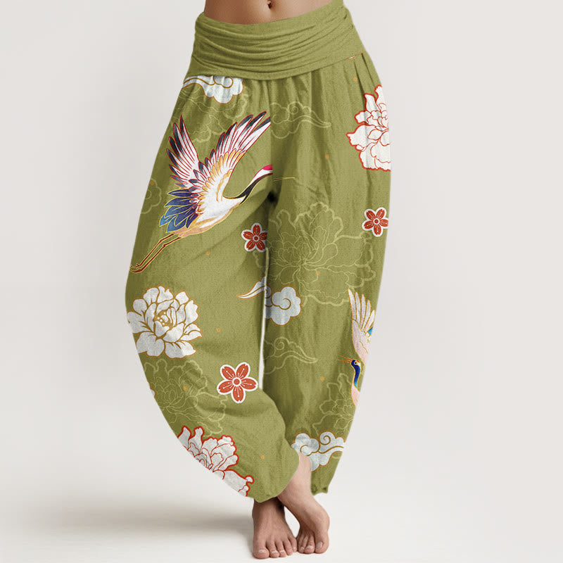 Pantaloni harem in puro cotone con elastico in vita, motivo gru, peonie e stampa di pietre Buddha Stones da donna - GialloVerde - US22, UK/AU26, EU54 (6XL) - image 8