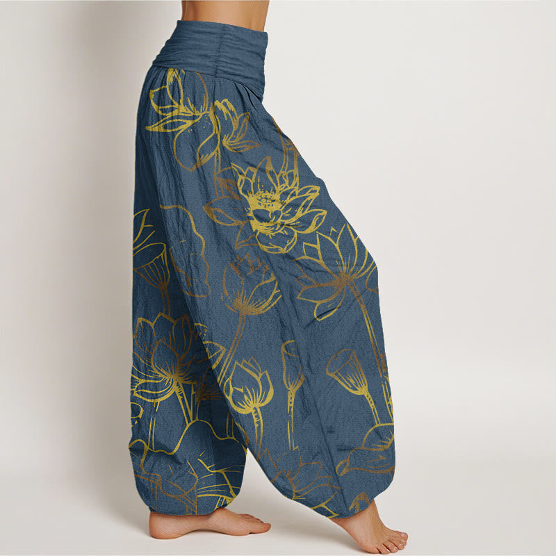 Pantaloni harem in cotone con elastico in vita e motivo a foglie e fiori di loto con stampa di Buddha Stones da donna - image 1