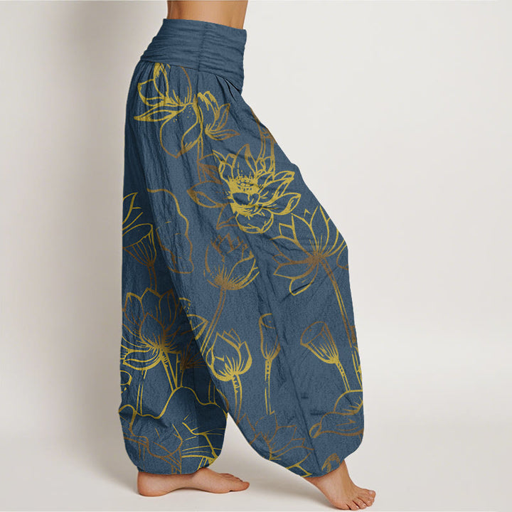 Pantaloni harem in cotone con elastico in vita e motivo a foglie e fiori di loto con stampa di Buddha Stones da donna - image 1
