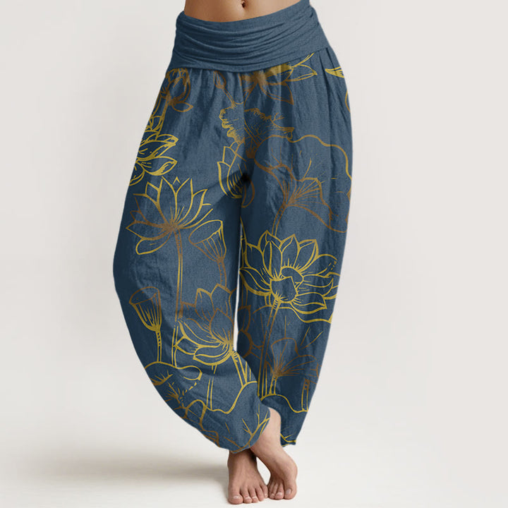 Pantaloni harem in cotone con elastico in vita e motivo a foglie e fiori di loto con stampa di Buddha Stones da donna - SteelBlue - US22, UK/AU26, EU54 (6XL) - image 0