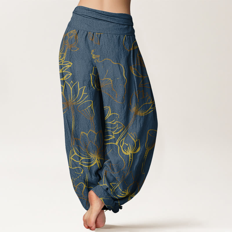 Pantaloni harem in cotone con elastico in vita e motivo a foglie e fiori di loto con stampa di Buddha Stones da donna - image 1