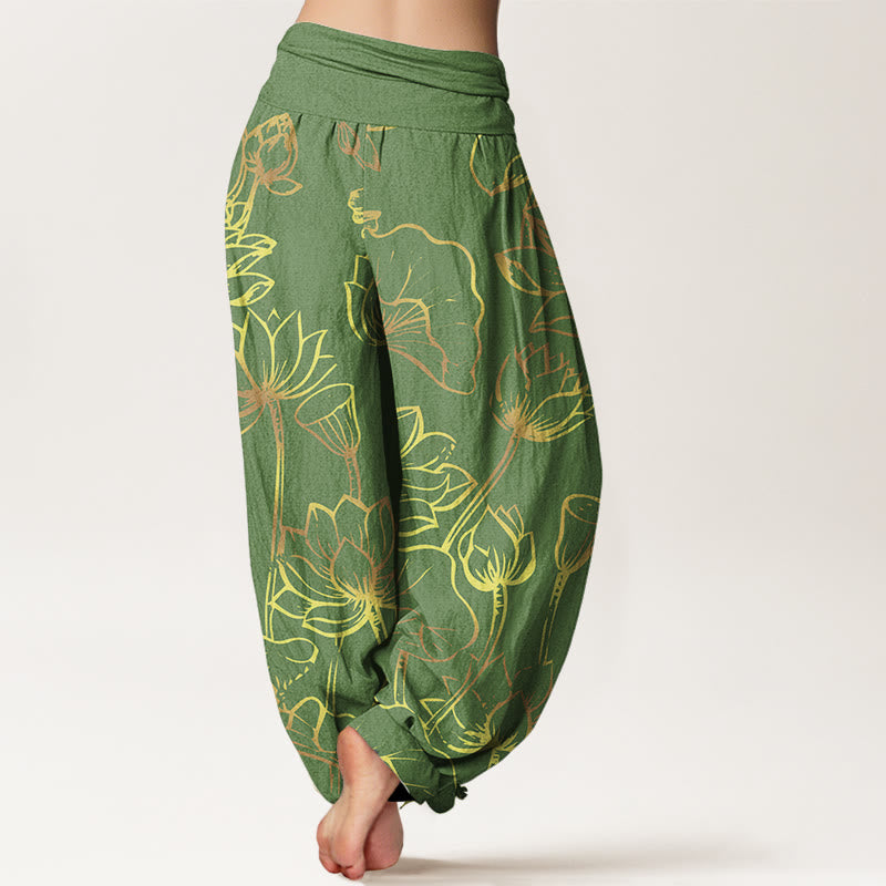 Pantaloni harem in cotone con elastico in vita e motivo a foglie e fiori di loto con stampa di Buddha Stones da donna - image 6