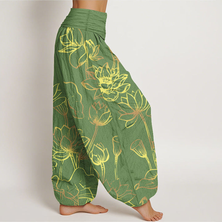 Pantaloni harem in cotone con elastico in vita e motivo a foglie e fiori di loto con stampa di Buddha Stones da donna - image 6