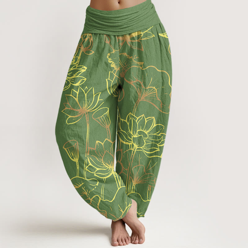 Pantaloni harem in cotone con elastico in vita e motivo a foglie e fiori di loto con stampa di Buddha Stones da donna - Verde studentesco - US22, UK/AU26, EU54 (6XL) - image 5