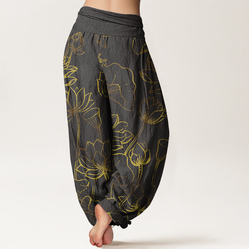Pantaloni harem in cotone con elastico in vita e motivo a foglie e fiori di loto con stampa di Buddha Stones da donna - image 9
