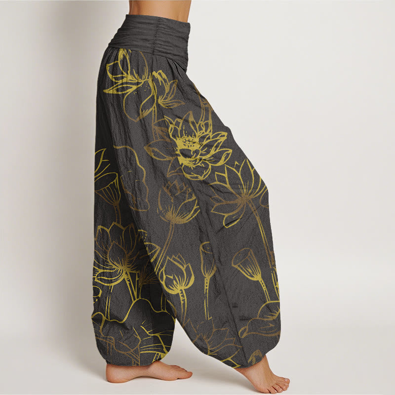 Pantaloni harem in cotone con elastico in vita e motivo a foglie e fiori di loto con stampa di Buddha Stones da donna - image 10