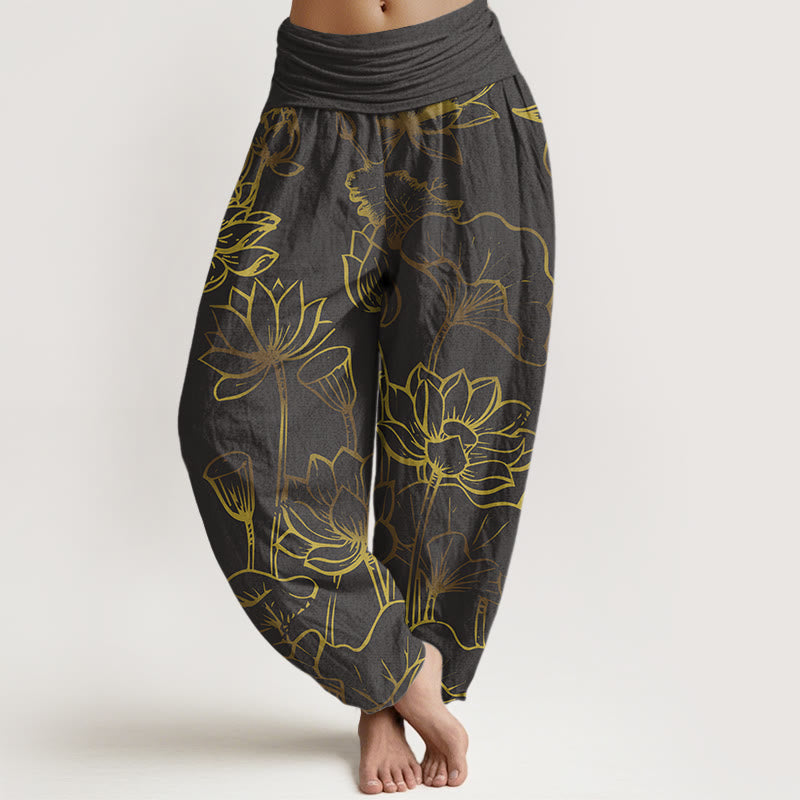 Pantaloni harem in cotone con elastico in vita e motivo a foglie e fiori di loto con stampa di Buddha Stones da donna - Grigio ardesia - US22, UK/AU26, EU54 (6XL) - image 8