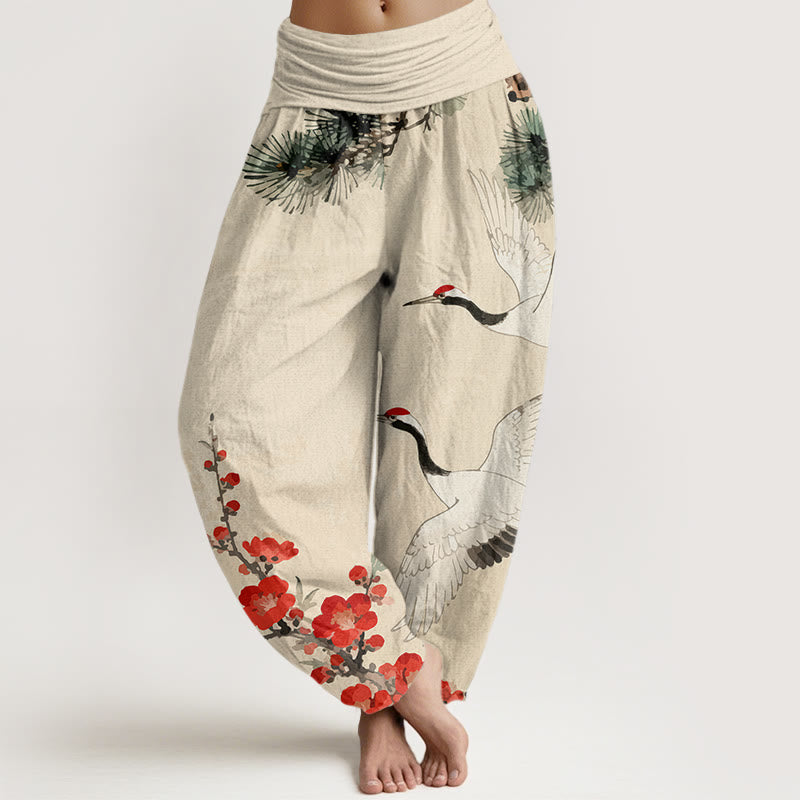 Pantaloni harem in cotone con elastico in vita, motivo con gru, Buddha Stones fiori di prugno - Beige - US22, UK/AU26, EU54 (6XL) - image 0
