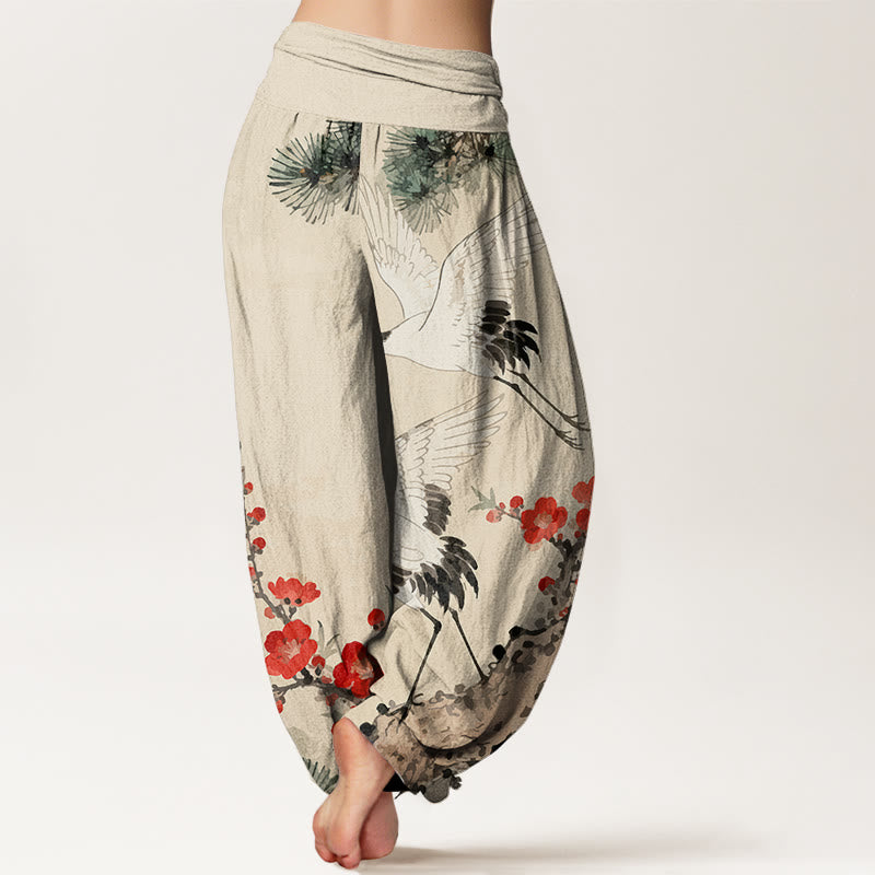 Pantaloni harem in cotone con elastico in vita, motivo con gru, Buddha Stones fiori di prugno - image 1