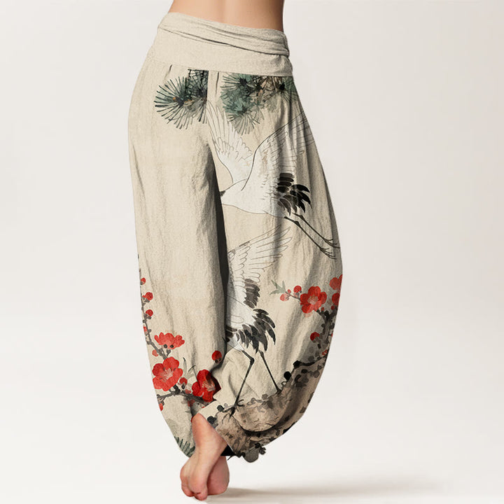 Pantaloni harem in cotone con elastico in vita, motivo con gru, Buddha Stones fiori di prugno - image 1