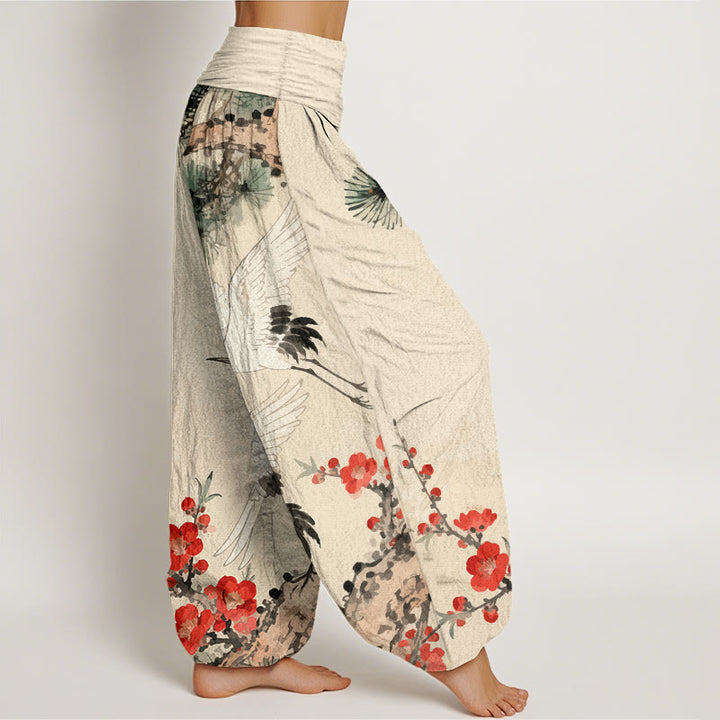 Pantaloni harem in cotone con elastico in vita, motivo con gru, Buddha Stones fiori di prugno - image 1