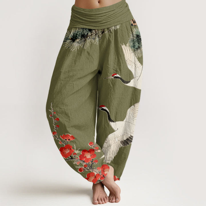 Pantaloni harem in cotone con elastico in vita, motivo con gru, Buddha Stones fiori di prugno - Verde oliva - US22, UK/AU26, EU54 (6XL) - image 5