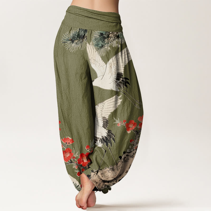 Pantaloni harem in cotone con elastico in vita, motivo con gru, Buddha Stones fiori di prugno - image 6