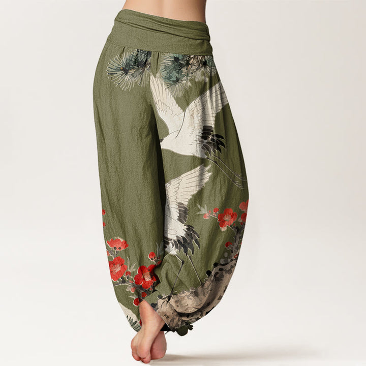 Pantaloni harem in cotone con elastico in vita, motivo con gru, Buddha Stones fiori di prugno - image 6