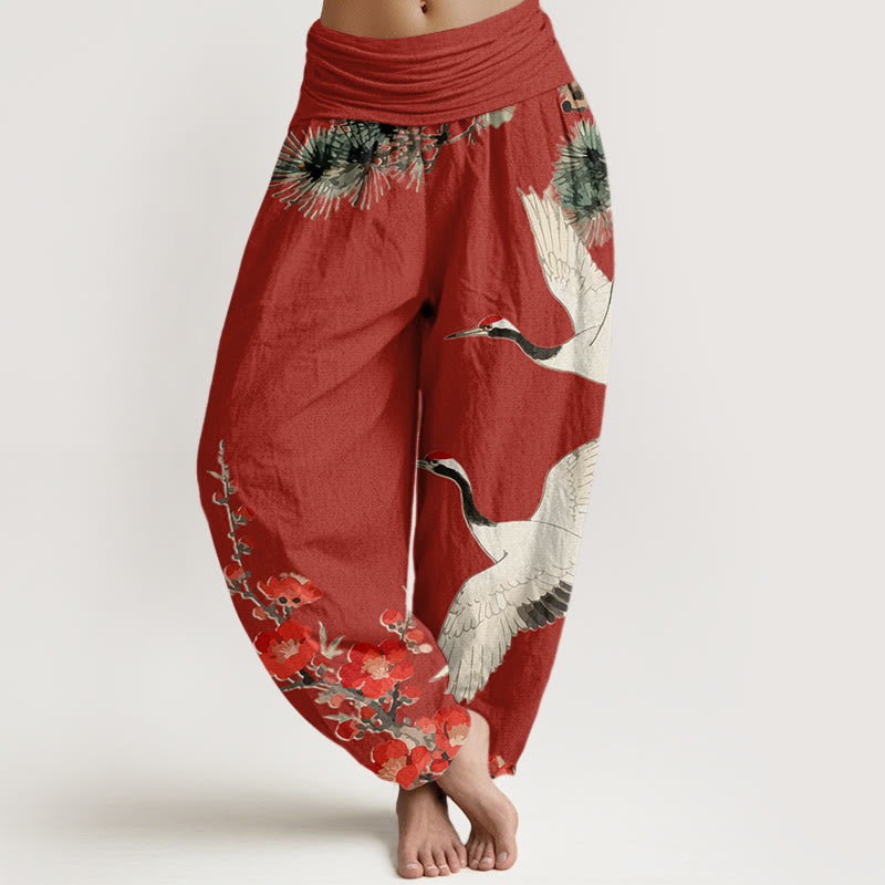 Pantaloni harem in cotone con elastico in vita, motivo con gru, Buddha Stones fiori di prugno - FireBrick - US22, UK/AU26, EU54 (6XL) - image 8