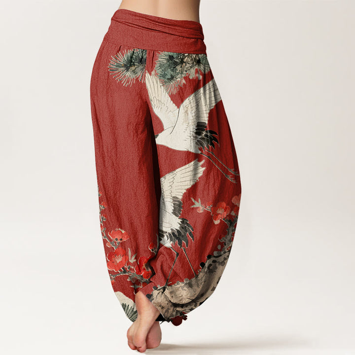 Pantaloni harem in cotone con elastico in vita, motivo con gru, Buddha Stones fiori di prugno - image 9