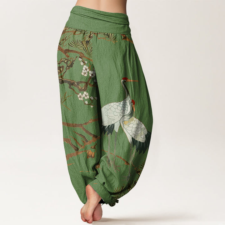 Pantaloni harem in cotone con elastico in vita, da donna, con stampa di Buddha Stones, fiori di prugno, gru e pini - image 1