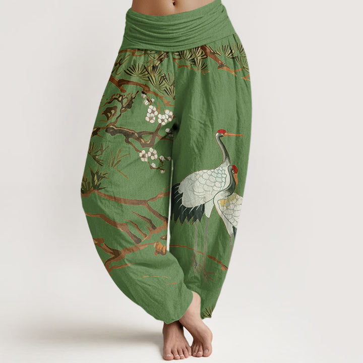 Pantaloni harem in cotone con elastico in vita, da donna, con stampa di Buddha Stones, fiori di prugno, gru e pini - Verde foresta - US22, UK/AU26, EU54 (6XL) - image 0