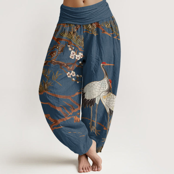 Pantaloni harem in cotone con elastico in vita, da donna, con stampa di Buddha Stones, fiori di prugno, gru e pini - SteelBlue - US22, UK/AU26, EU54 (6XL) - image 5
