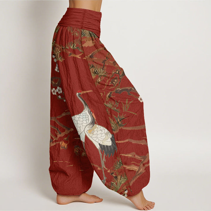 Pantaloni harem in cotone con elastico in vita, da donna, con stampa di Buddha Stones, fiori di prugno, gru e pini - image 9