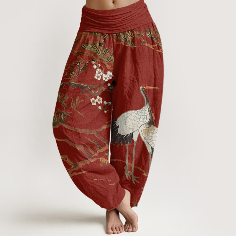Pantaloni harem in cotone con elastico in vita, da donna, con stampa di Buddha Stones, fiori di prugno, gru e pini - FireBrick - US22, UK/AU26, EU54 (6XL) - image 8