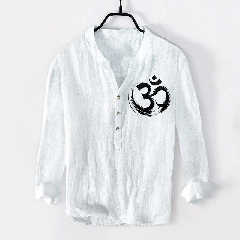 Camicia da uomo in cotone e lino a maniche lunghe con motivo a Buddha Stones e simbolo Om, bottoni a metà - Bianco - US/UK/AU50, EU60 (5XL) - image 6
