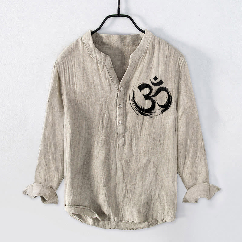 Camicia da uomo in cotone e lino a maniche lunghe con motivo a Buddha Stones e simbolo Om, bottoni a metà - Biancheria - US/UK/AU50, EU60 (5XL) - image 3