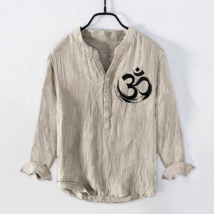 Camicia da uomo in cotone e lino a maniche lunghe con motivo a Buddha Stones e simbolo Om, bottoni a metà - Biancheria - US/UK/AU50, EU60 (5XL) - image 3