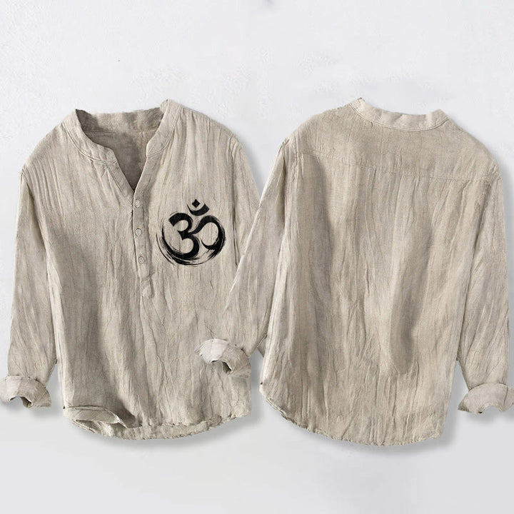 Camicia da uomo in cotone e lino a maniche lunghe con motivo a Buddha Stones e simbolo Om, bottoni a metà - image 5