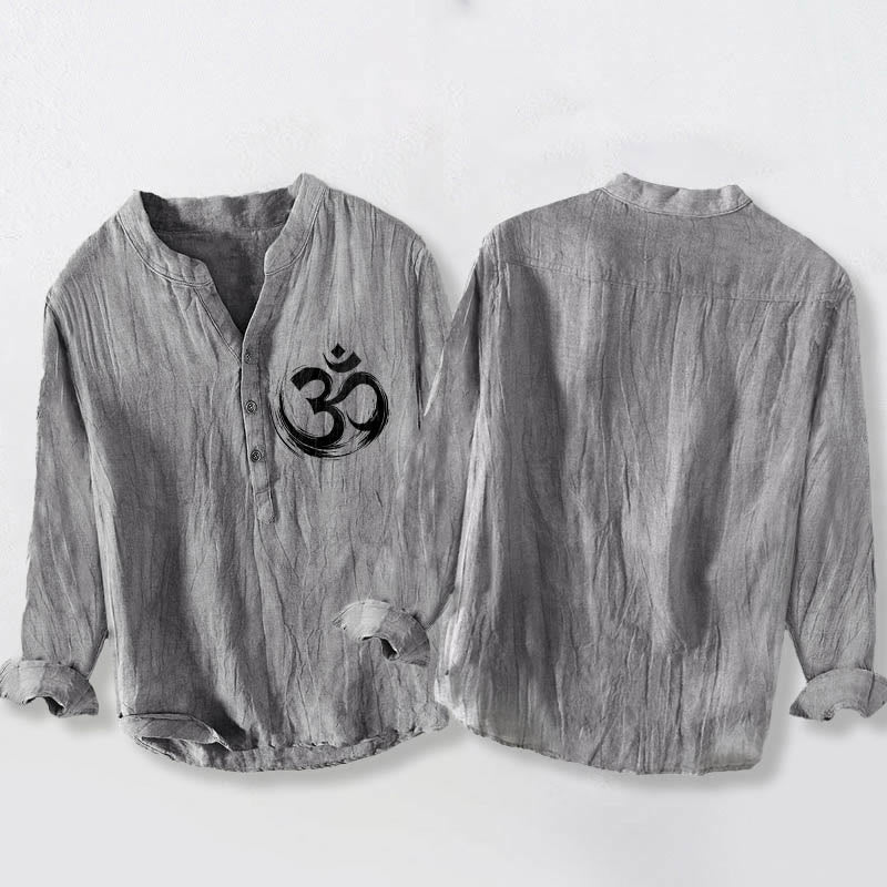 Camicia da uomo in cotone e lino a maniche lunghe con motivo a Buddha Stones e simbolo Om, bottoni a metà - image 2