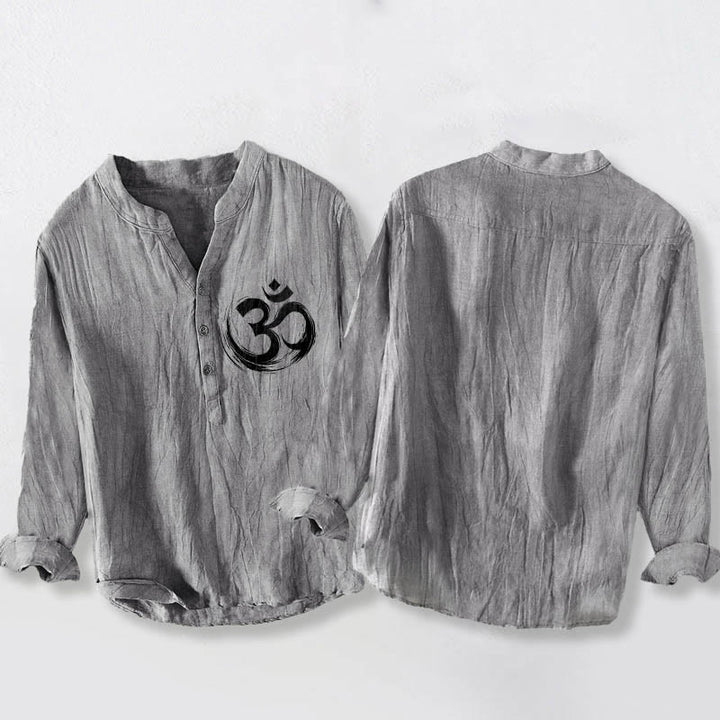 Camicia da uomo in cotone e lino a maniche lunghe con motivo a Buddha Stones e simbolo Om, bottoni a metà - image 2