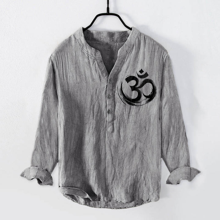 Camicia da uomo in cotone e lino a maniche lunghe con motivo a Buddha Stones e simbolo Om, bottoni a metà - Grigio - US/UK/AU50, EU60 (5XL) - image 0