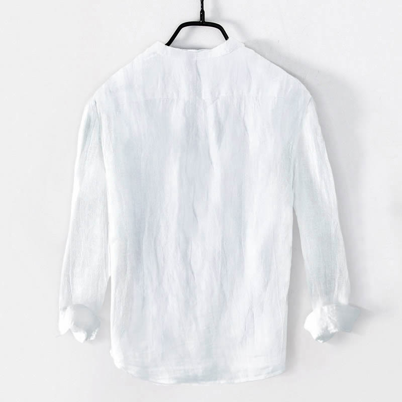 Camicia da uomo in cotone e lino a maniche lunghe con motivo a Buddha Stones e simbolo Om, bottoni a metà - image 7