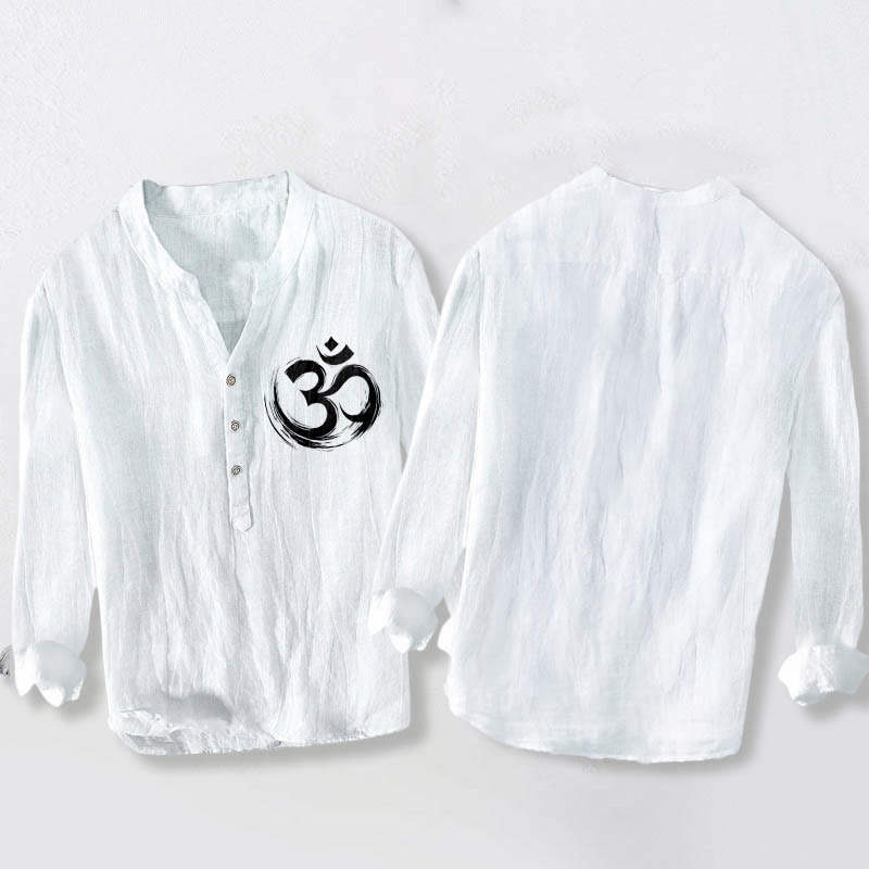 Camicia da uomo in cotone e lino a maniche lunghe con motivo a Buddha Stones e simbolo Om, bottoni a metà - image 8
