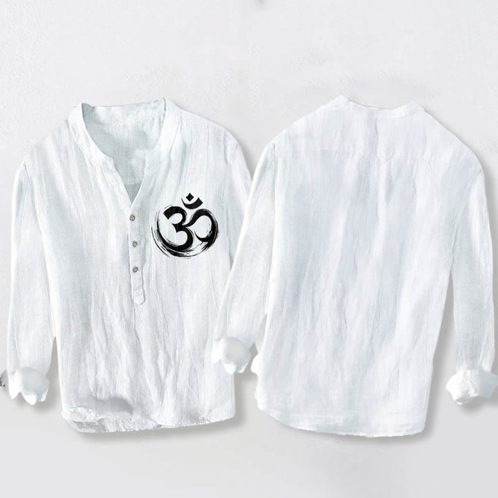 Camicia da uomo in cotone e lino a maniche lunghe con motivo a Buddha Stones e simbolo Om, bottoni a metà - image 8