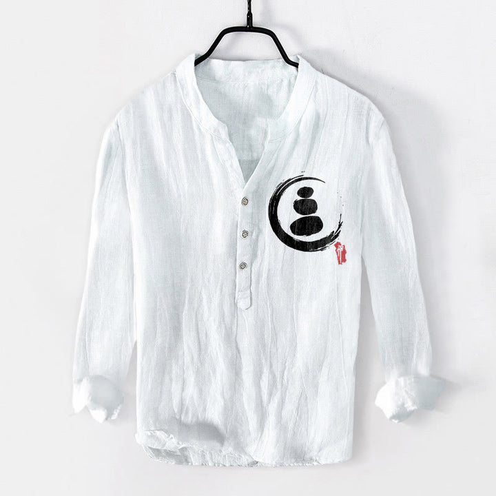 Camicia da uomo in cotone e lino a maniche lunghe con motivo Buddha Stones Zen Stone e bottoni a metà - Bianco - US/UK/AU50, EU60 (5XL) - image 6