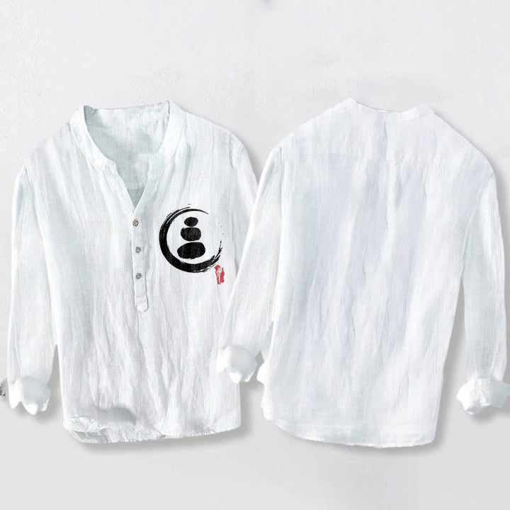 Camicia da uomo in cotone e lino a maniche lunghe con motivo Buddha Stones Zen Stone e bottoni a metà - image 8