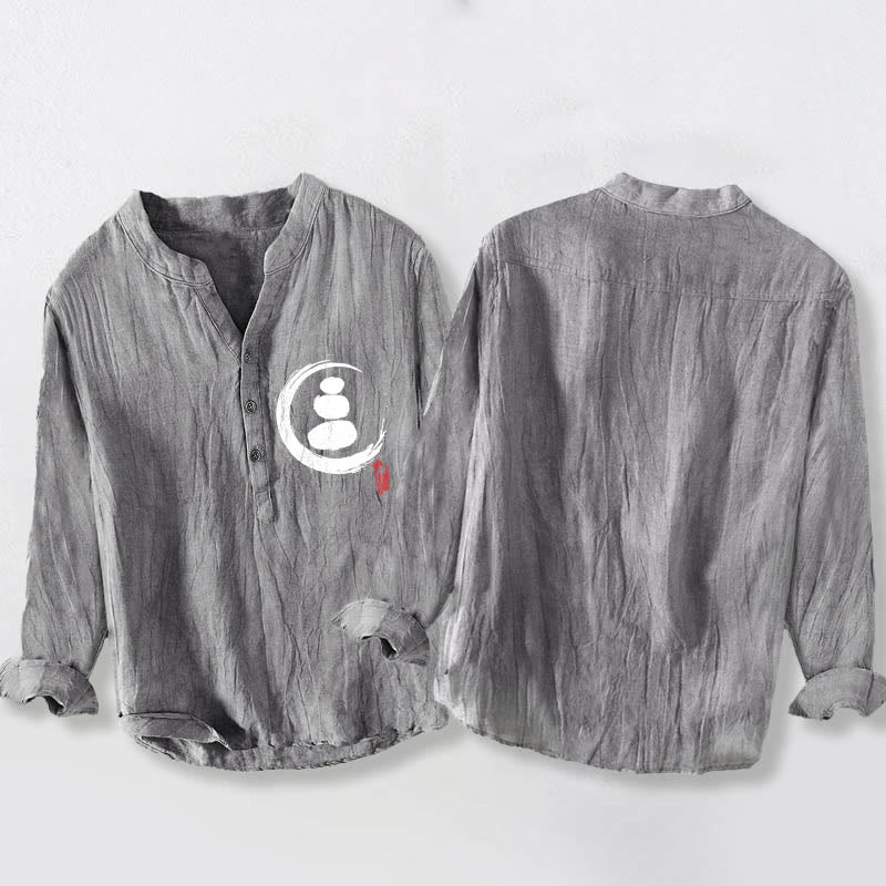 Camicia da uomo in cotone e lino a maniche lunghe con motivo Buddha Stones Zen Stone e bottoni a metà - image 2