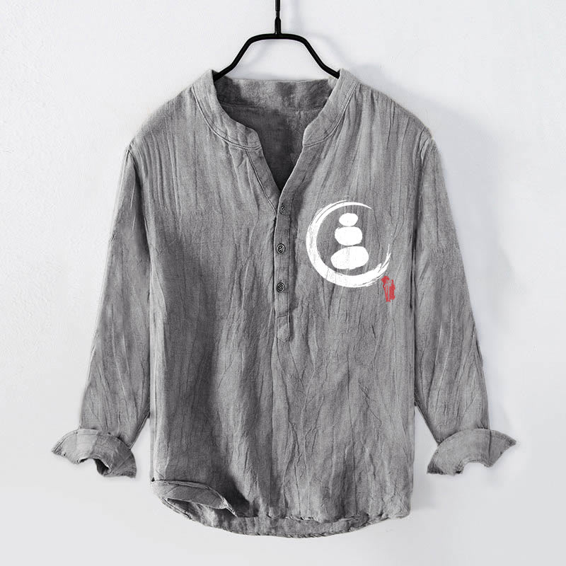 Camicia da uomo in cotone e lino a maniche lunghe con motivo Buddha Stones Zen Stone e bottoni a metà - Grigio - US/UK/AU50, EU60 (5XL) - image 0