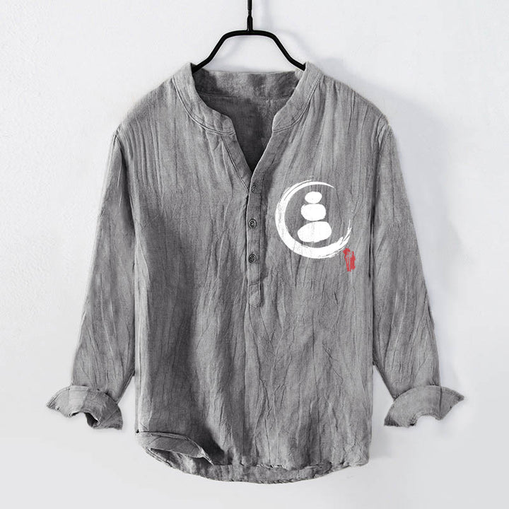 Camicia da uomo in cotone e lino a maniche lunghe con motivo Buddha Stones Zen Stone e bottoni a metà - Grigio - US/UK/AU50, EU60 (5XL) - image 0