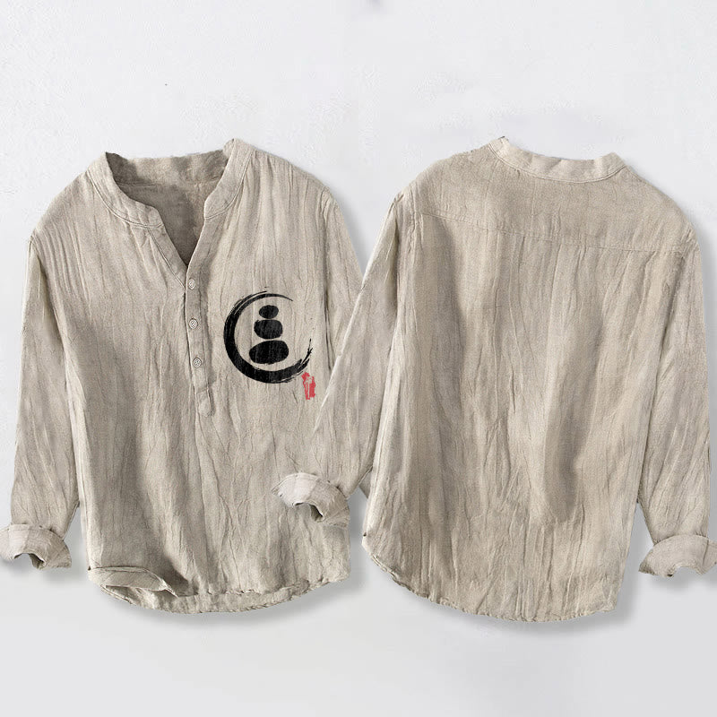 Camicia da uomo in cotone e lino a maniche lunghe con motivo Buddha Stones Zen Stone e bottoni a metà - image 5