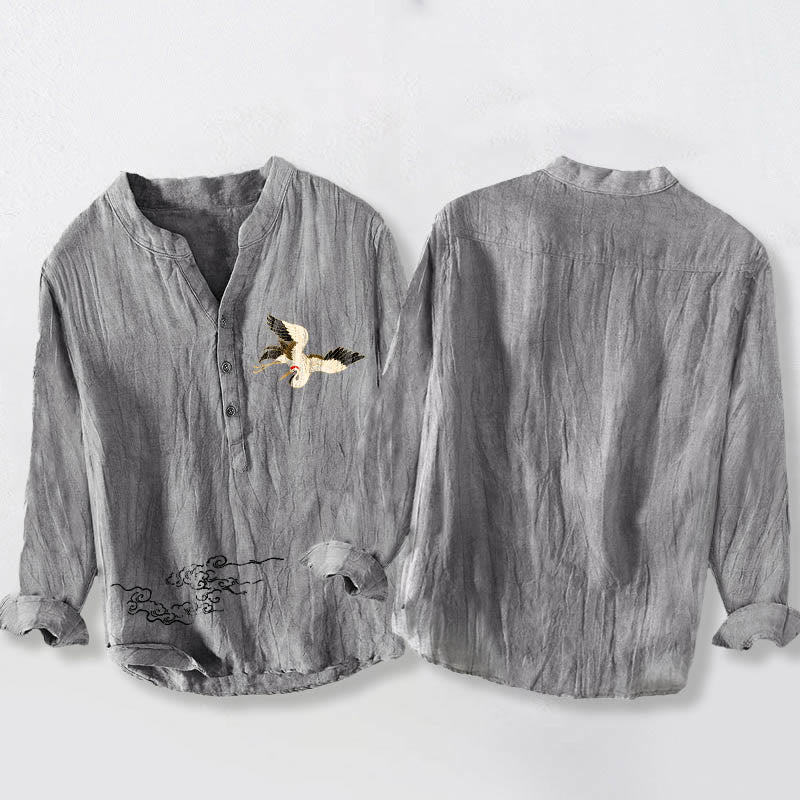 Camicia da uomo in cotone e lino a maniche lunghe con motivo Buddha Stones Crane e nuvole di buon auspicio, bottoni a metà - image 2