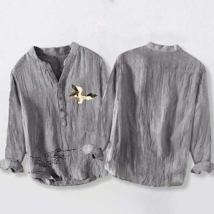 Camicia da uomo in cotone e lino a maniche lunghe con motivo Buddha Stones Crane e nuvole di buon auspicio, bottoni a metà - image 2