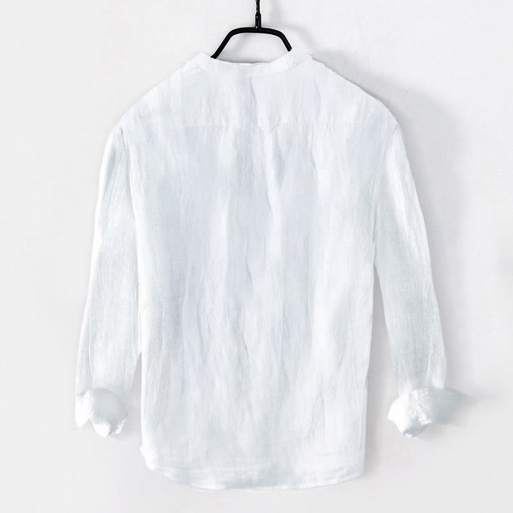 Camicia da uomo in cotone e lino a maniche lunghe con motivo Buddha Stones Crane e nuvole di buon auspicio, bottoni a metà - image 7