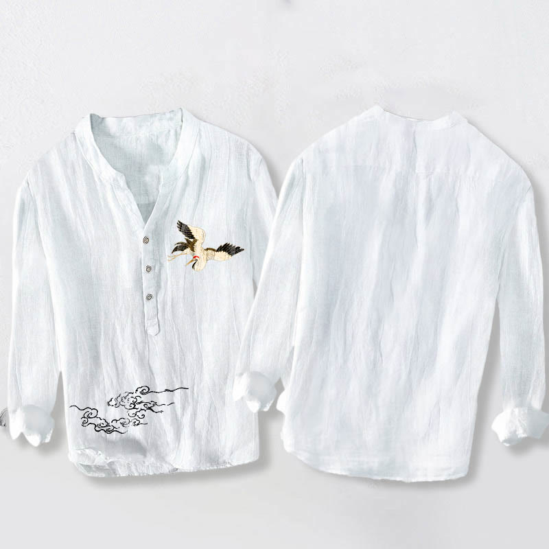 Camicia da uomo in cotone e lino a maniche lunghe con motivo Buddha Stones Crane e nuvole di buon auspicio, bottoni a metà - image 8