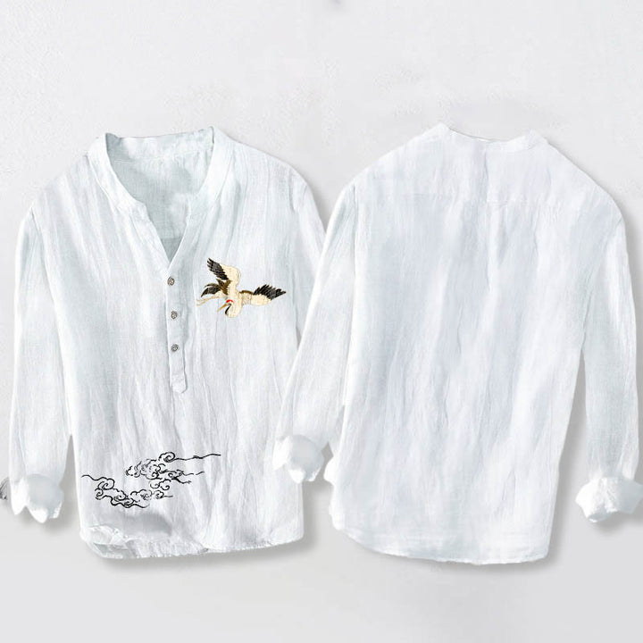 Camicia da uomo in cotone e lino a maniche lunghe con motivo Buddha Stones Crane e nuvole di buon auspicio, bottoni a metà - image 8