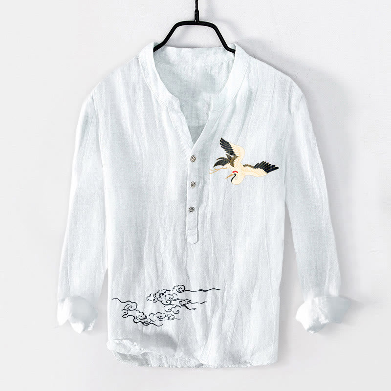 Camicia da uomo in cotone e lino a maniche lunghe con motivo Buddha Stones Crane e nuvole di buon auspicio, bottoni a metà - Bianco - US/UK/AU50, EU60 (5XL) - image 6