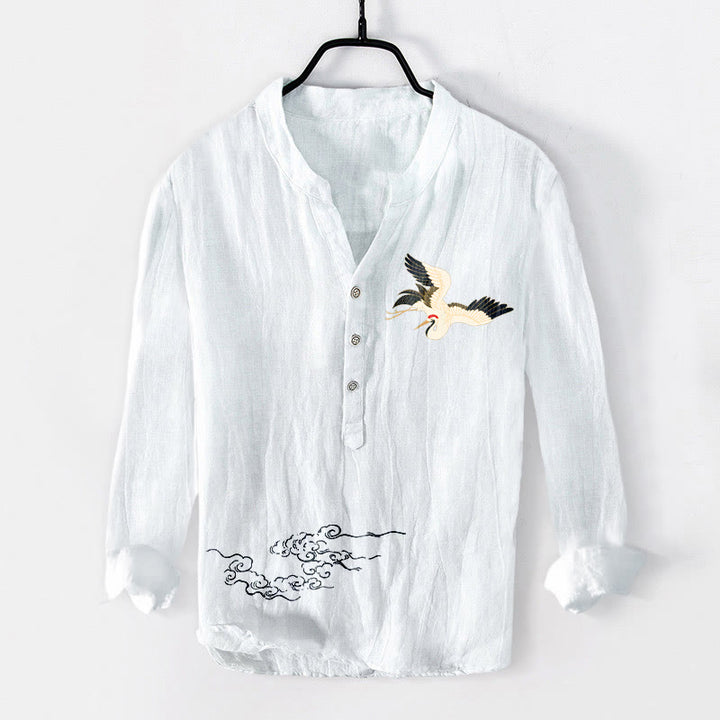 Camicia da uomo in cotone e lino a maniche lunghe con motivo Buddha Stones Crane e nuvole di buon auspicio, bottoni a metà - Bianco - US/UK/AU50, EU60 (5XL) - image 6