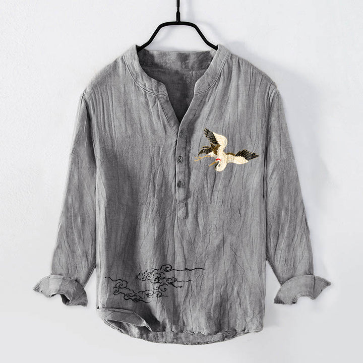 Camicia da uomo in cotone e lino a maniche lunghe con motivo Buddha Stones Crane e nuvole di buon auspicio, bottoni a metà - Grigio - US/UK/AU50, EU60 (5XL) - image 0