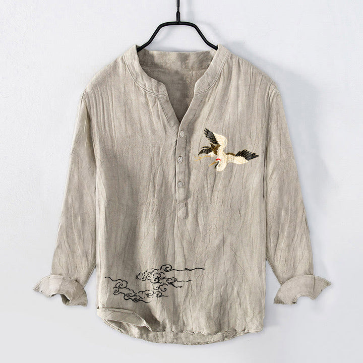 Camicia da uomo in cotone e lino a maniche lunghe con motivo Buddha Stones Crane e nuvole di buon auspicio, bottoni a metà - Biancheria - US/UK/AU50, EU60 (5XL) - image 3